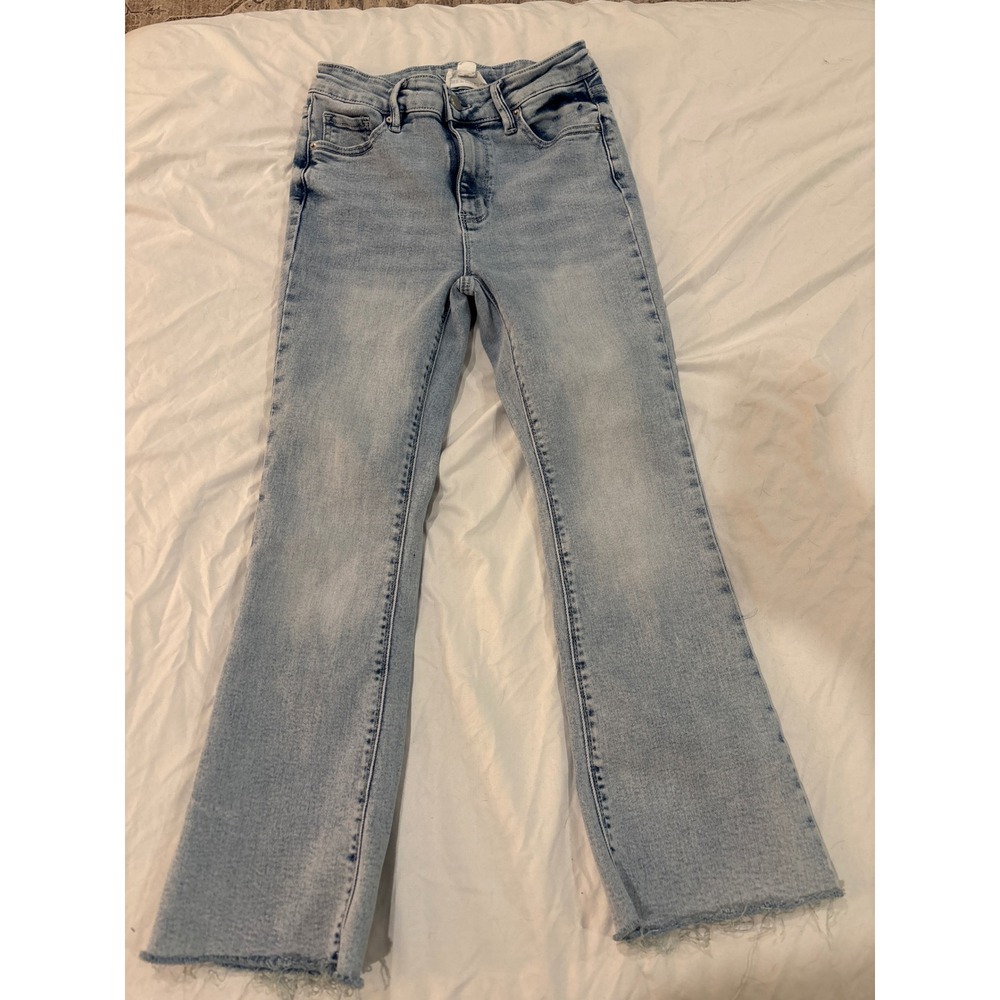 Republic Denim Light Wash Petite High Rise Flare Jeans Raw Hem Blue 4P